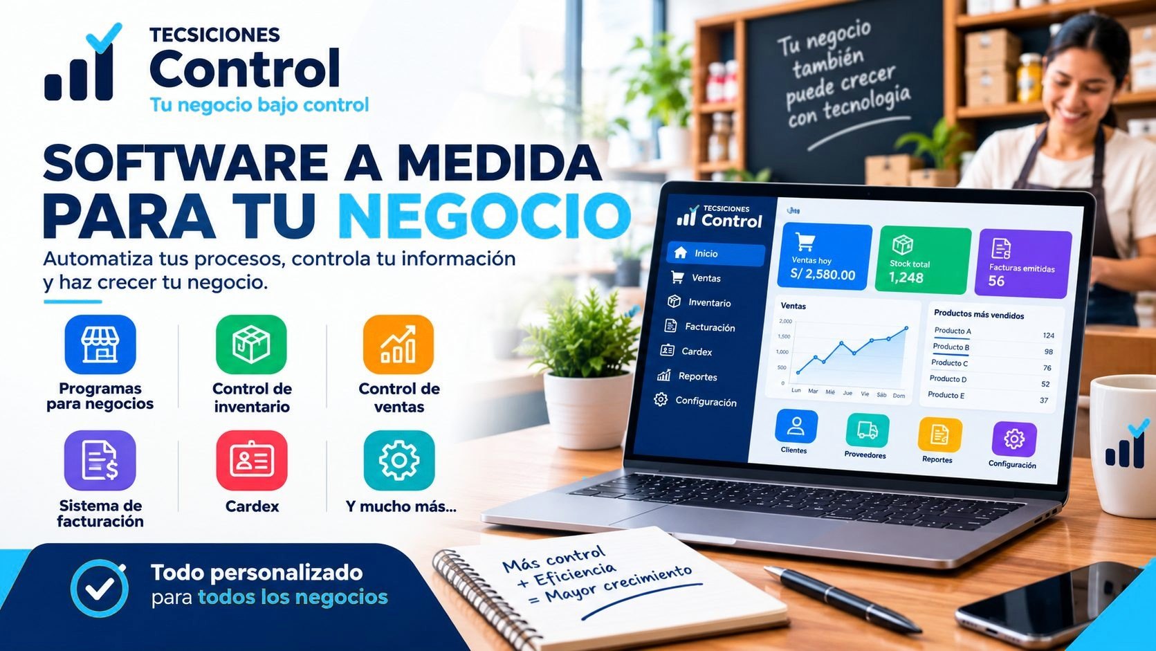 Software a medida para tu negocio: programas de control de inventario, ventas, facturación y cardex, personalizados para cada negocio.